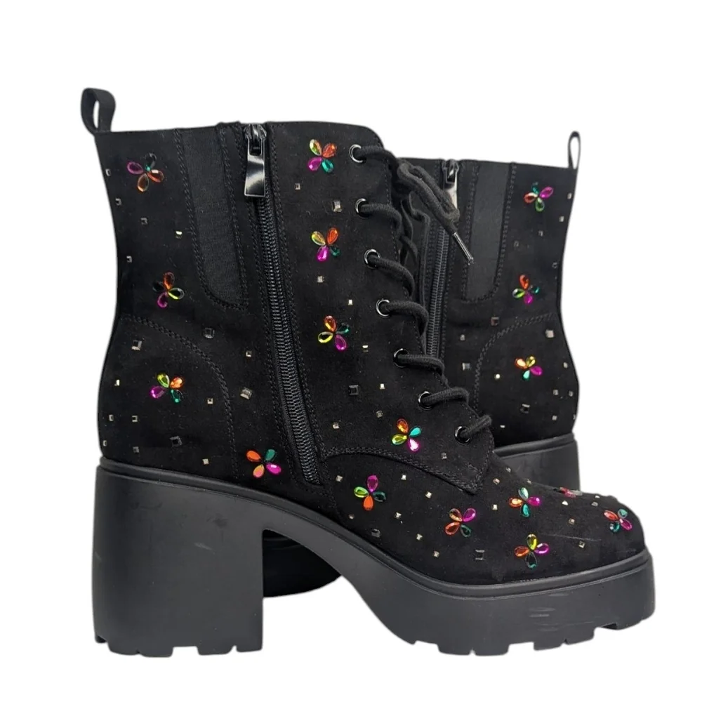 Betsey Johnson Micro Stones Chunky Heel Combat Boots | Size 11.5WW - Picture 3 of 10